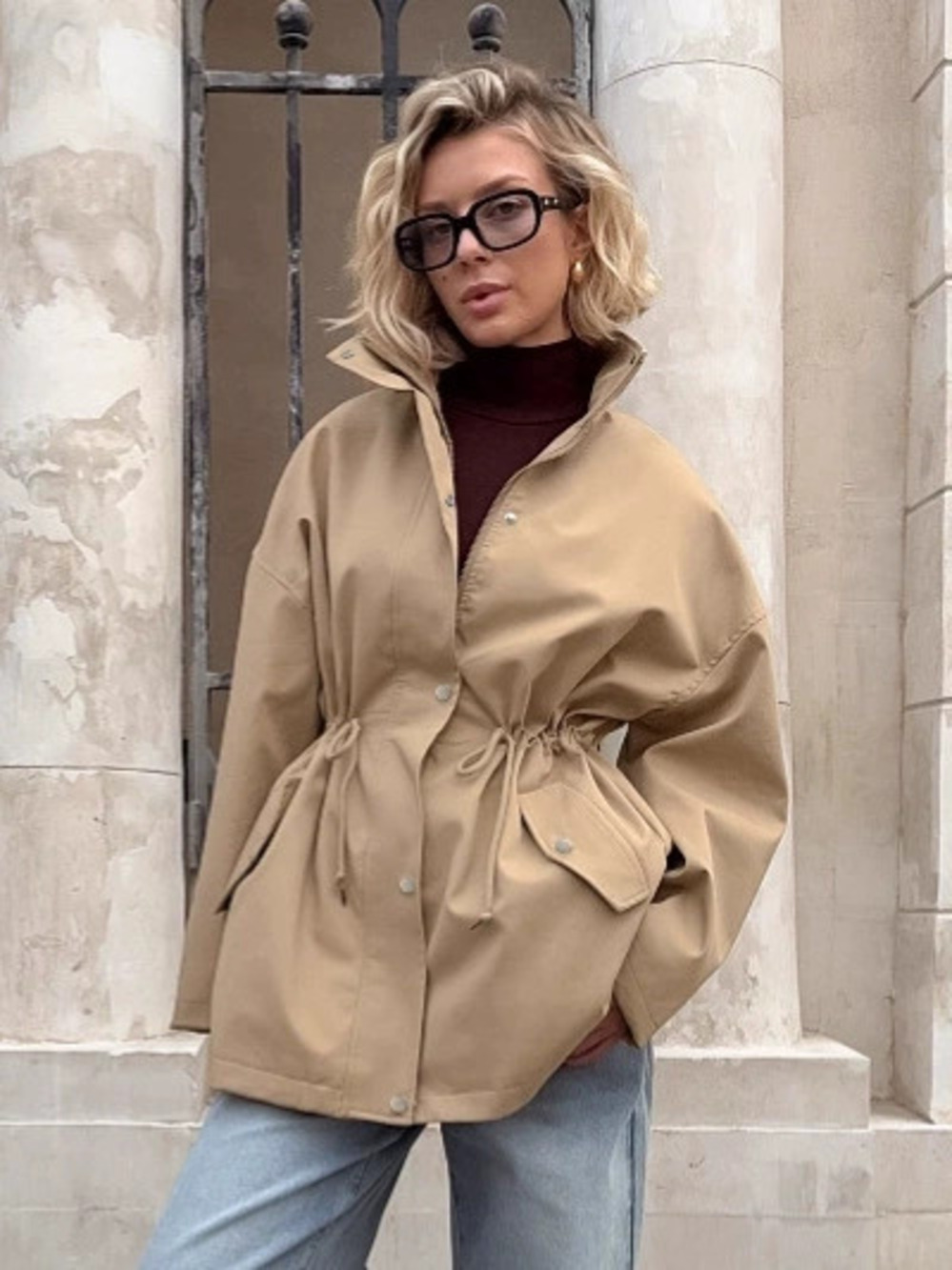 Forever 21 Drawstring Belt Trench Coat Khaki Mid Length Fall